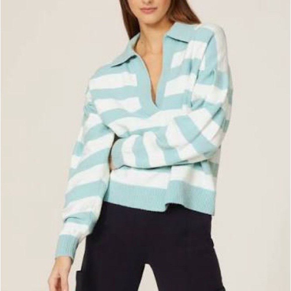 Tanya Taylor V-Neck Sweater - Aqua and White Stripes